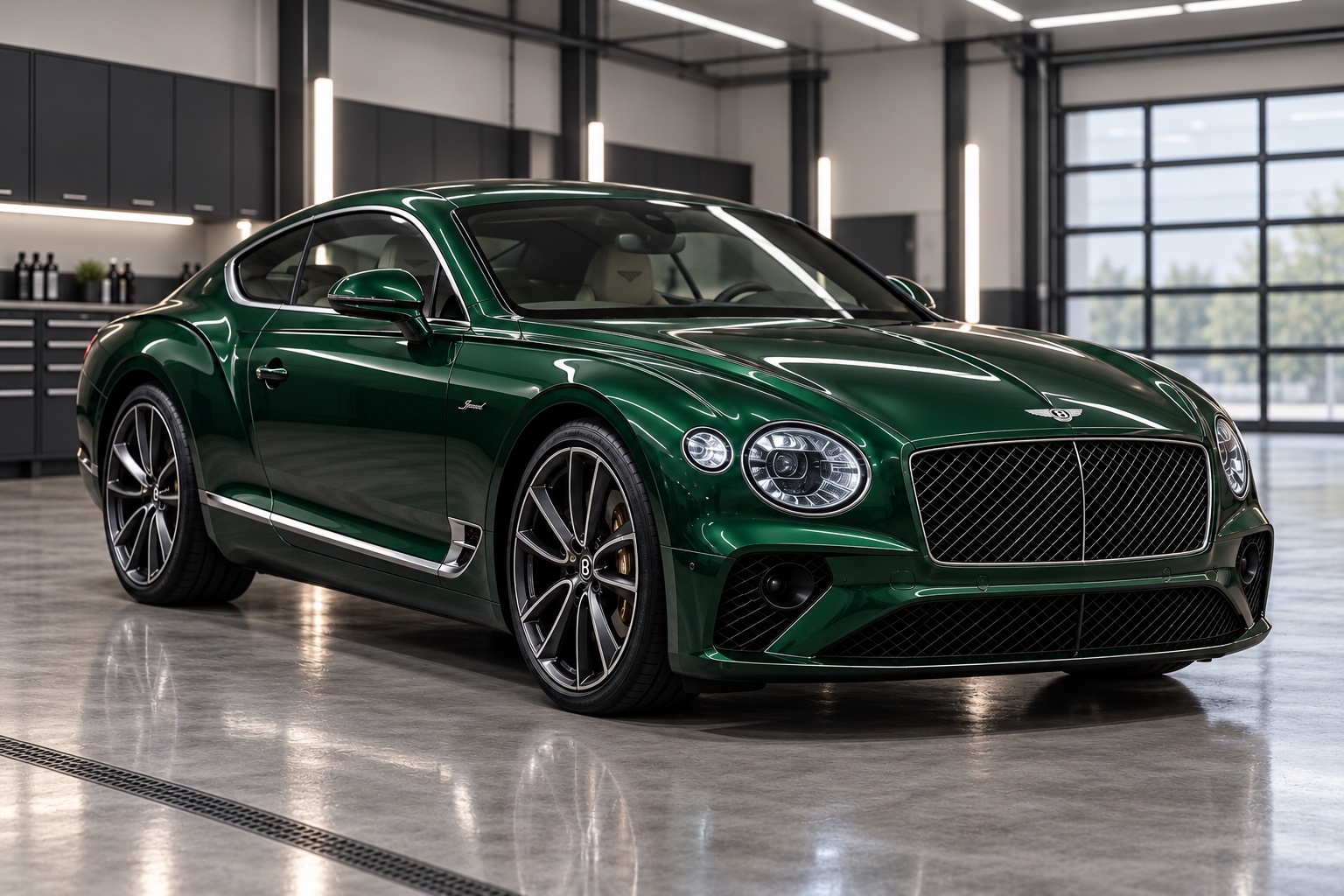 Illustrative image of a green Bentley Continental GT Speed coupe in a modern detailing shop.