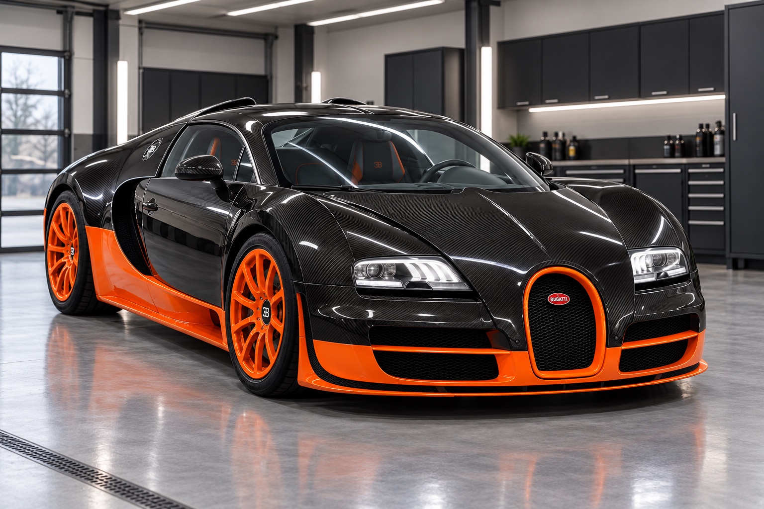 Illustrative image of a black carbon-fiber Bugatti Veyron Super Sport with orange accents.