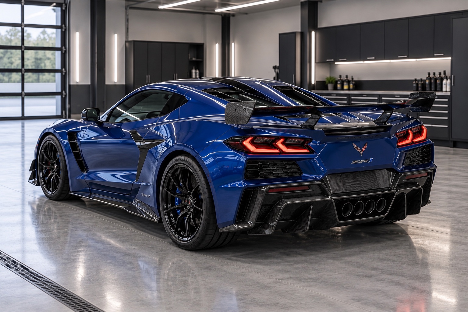Illustrative image of a blue C8 Corvette ZR1 viewed from the rear, showing its wing and sculpted bodywork.