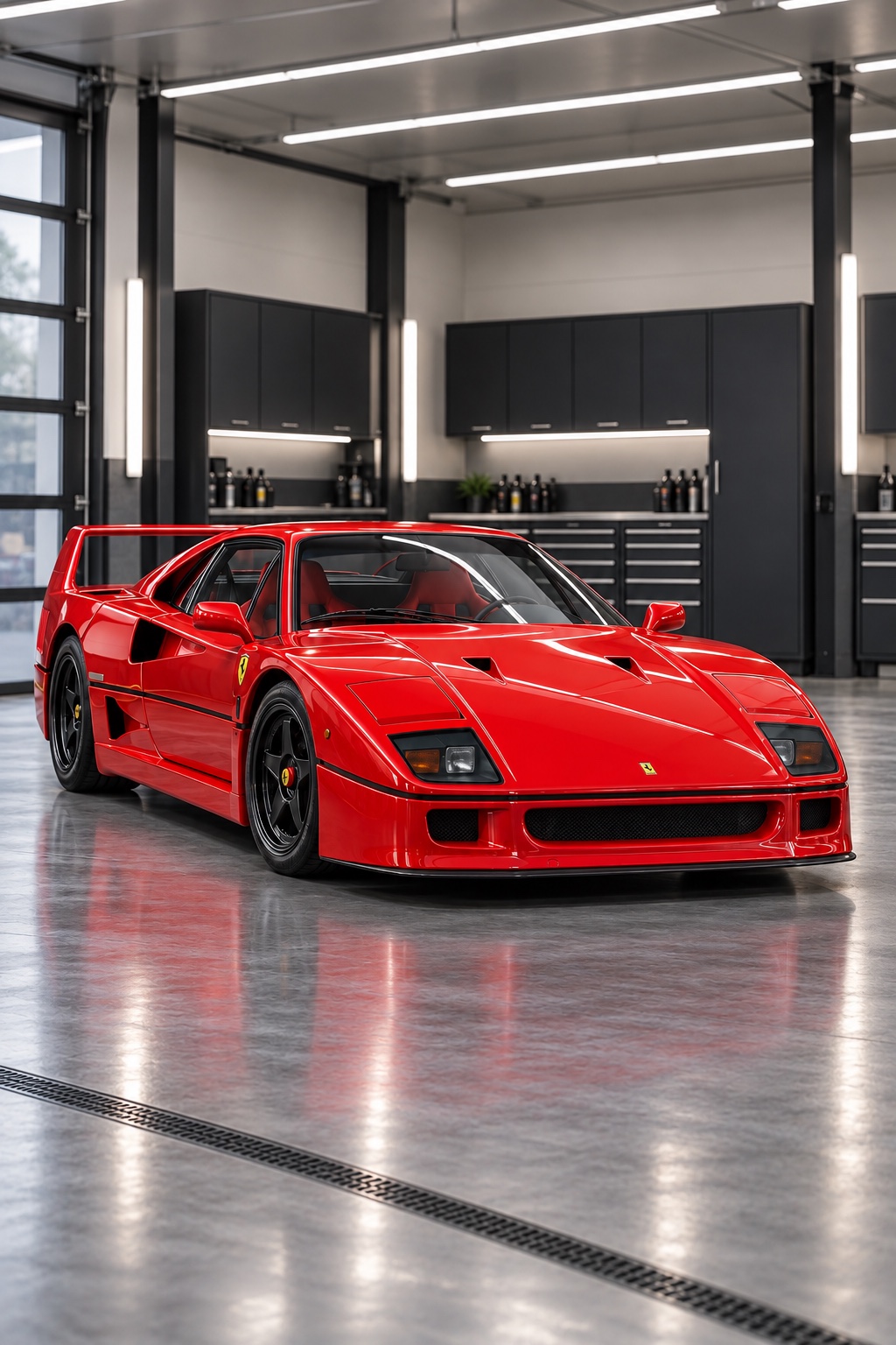 Illustrative image of a red Ferrari F40 with a fixed rear wing in a modern detailing shop.