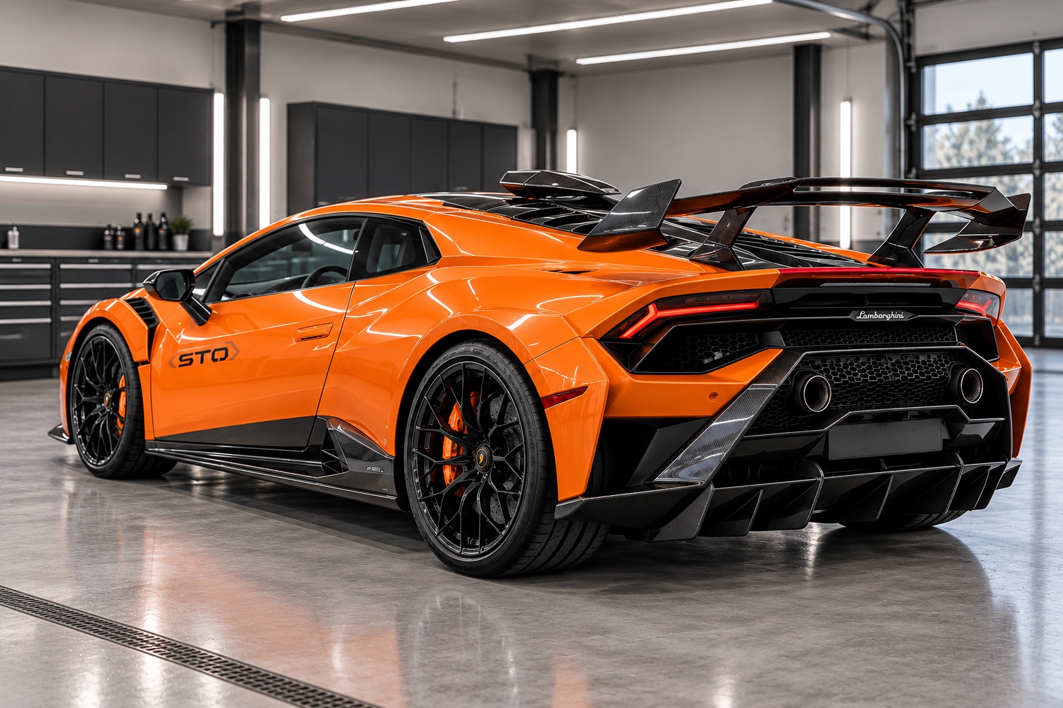 Illustrative rear three-quarter view of an orange Lamborghini Huracán STO with carbon-fiber trim and a rear wing.