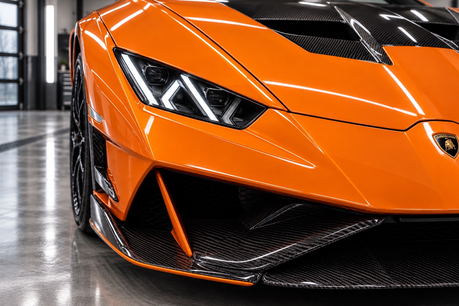 Illustrative close-up of orange Lamborghini paint finish, a headlight, and carbon-fiber trim.