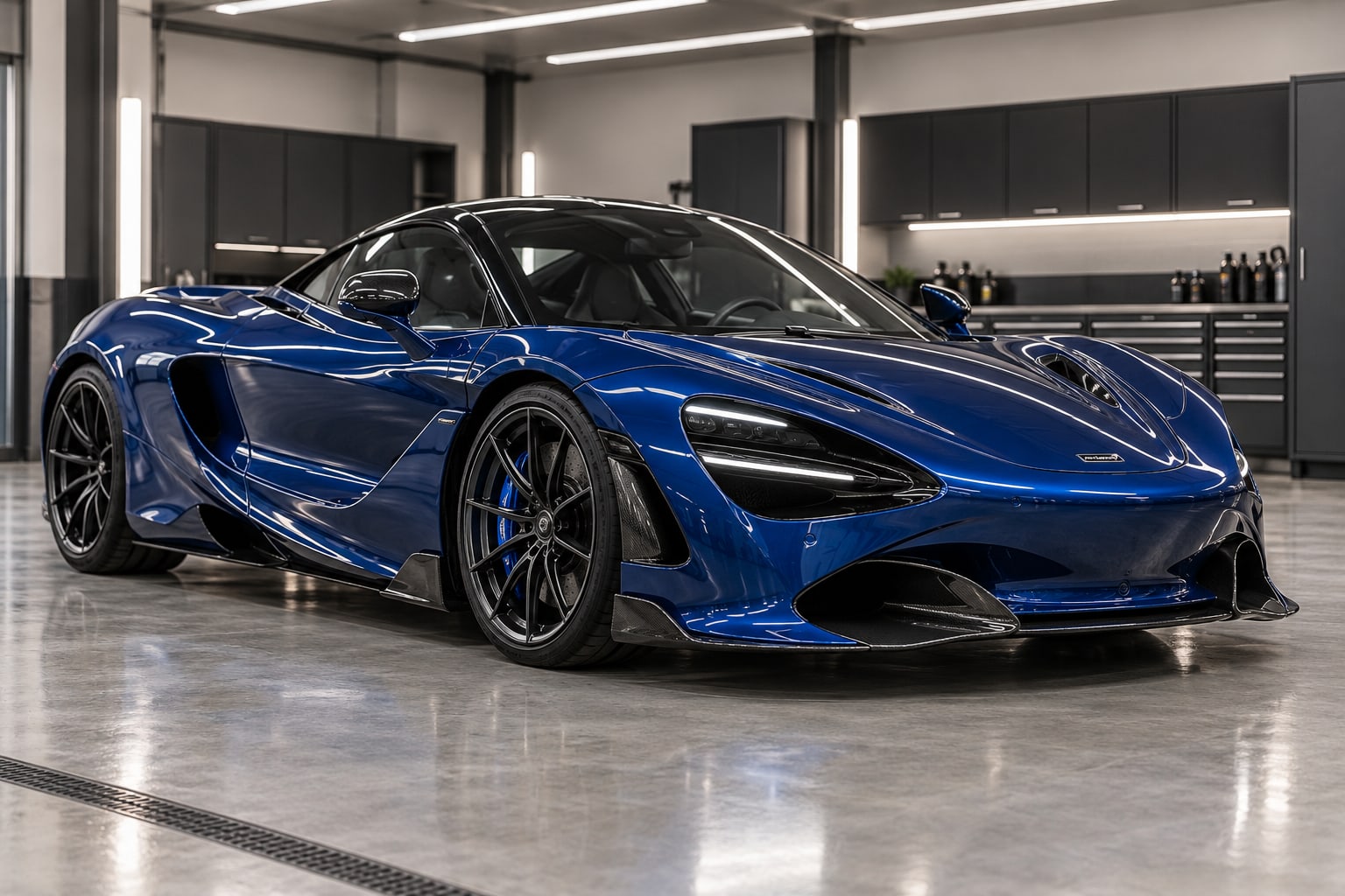 Illustrative image of a blue McLaren 750S coupe with glossy paint in a modern detailing shop.