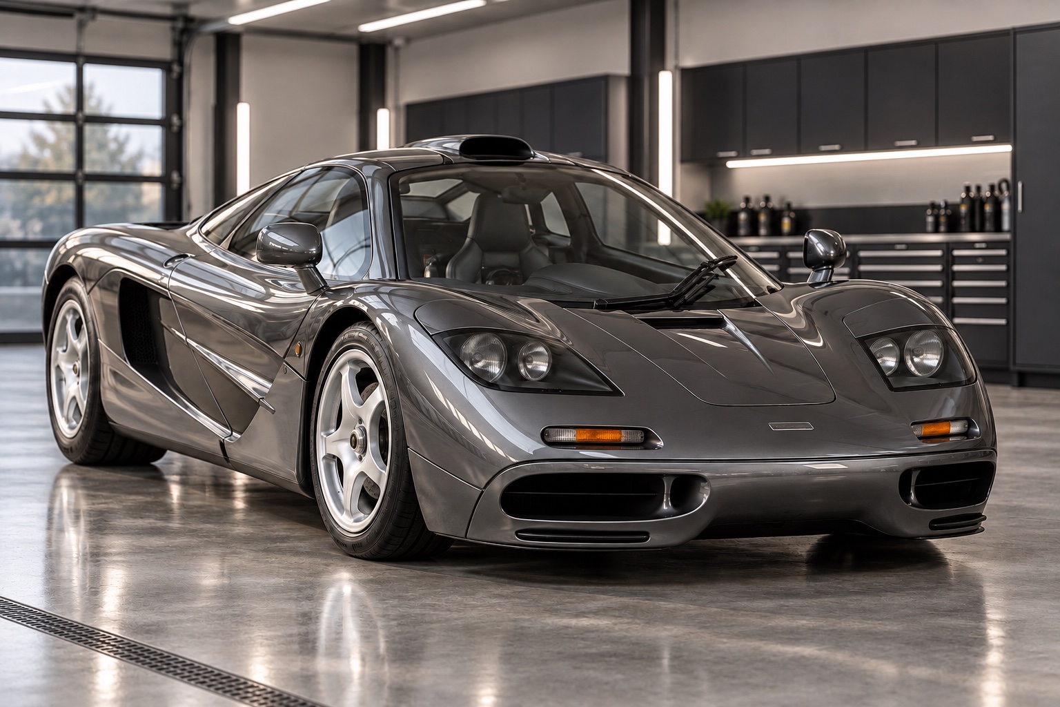 Illustrative image of a metallic gray McLaren F1 in a modern detailing shop, with its central driving position visible.