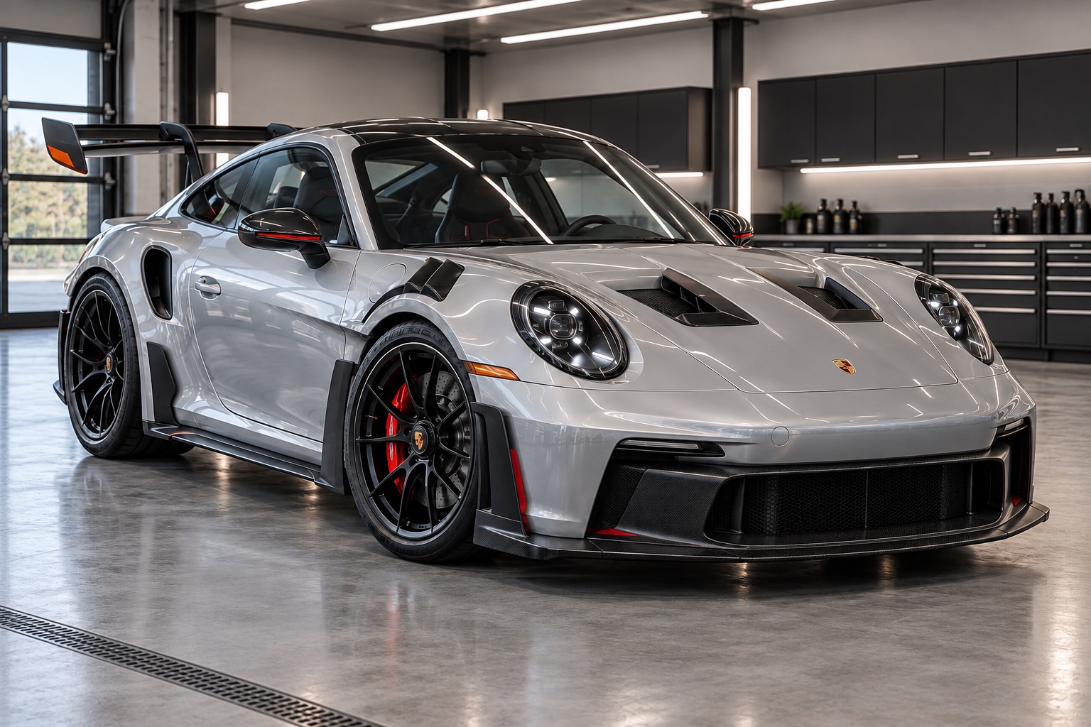 Illustrative image of a silver Porsche 911 GT3 RS with black wheels and a large rear wing in a modern detailing shop.