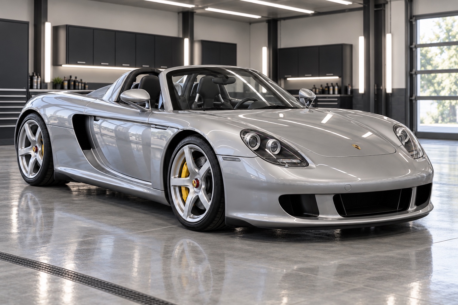 Illustrative image of a silver Porsche Carrera GT with its roof panels removed in a modern detailing shop.