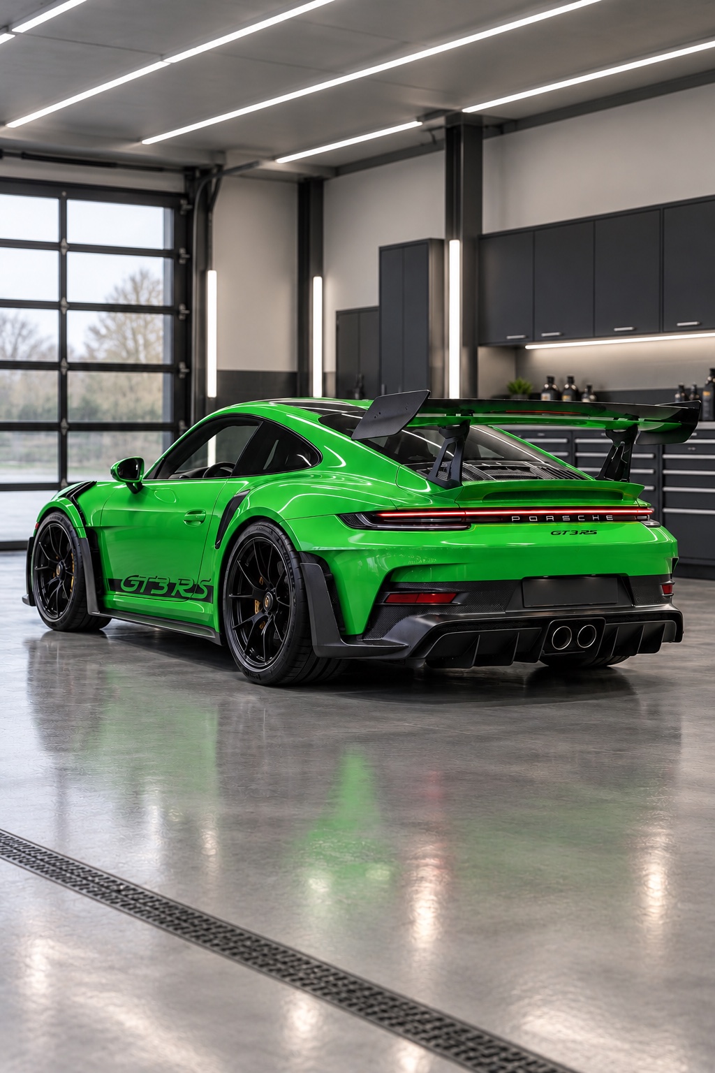 Illustrative rear three-quarter view of a green Porsche 911 GT3 RS in a modern detailing shop.