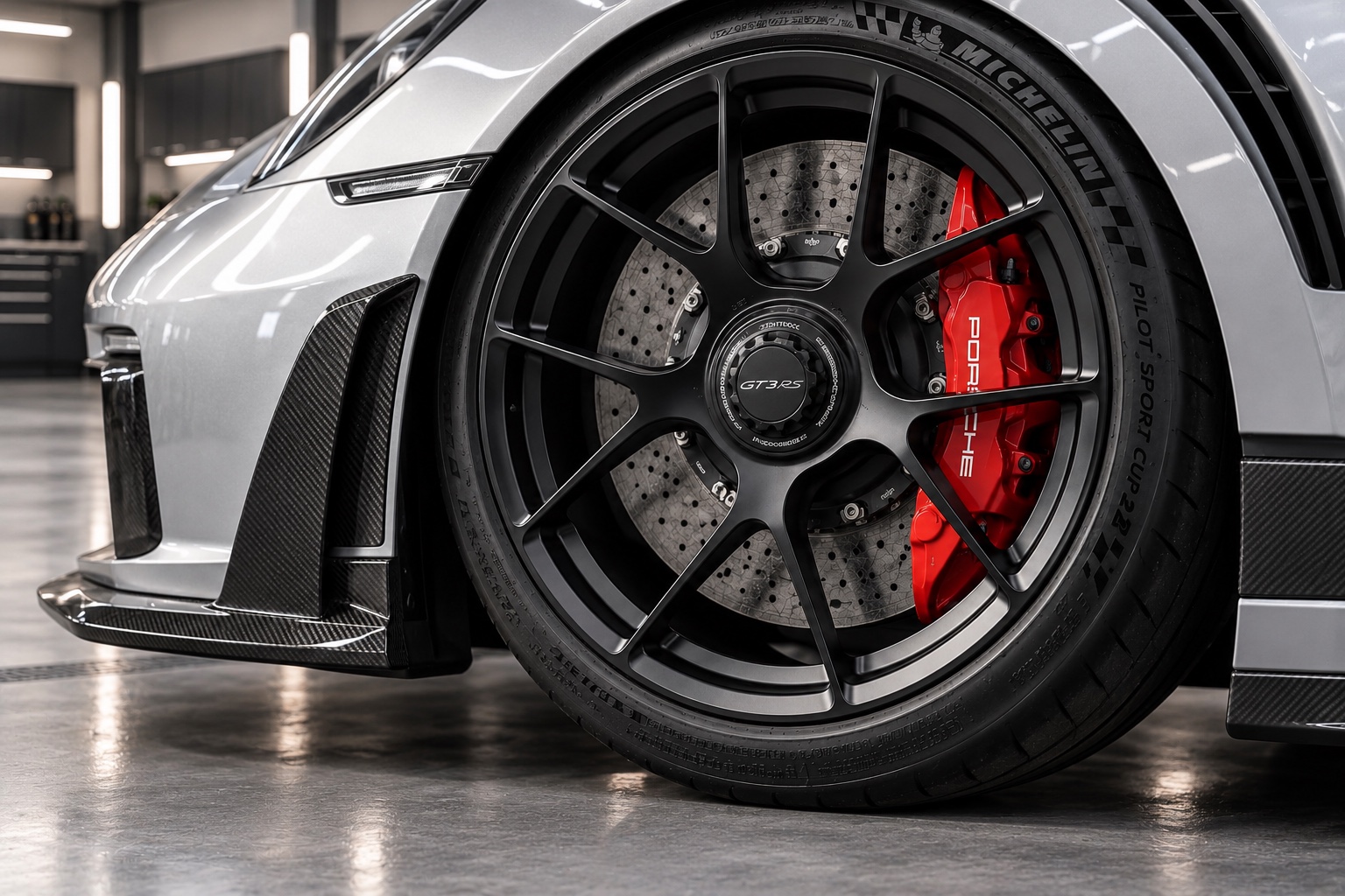 Illustrative close-up of a Porsche GT3 RS black wheel, red brake caliper, and carbon-fiber trim.