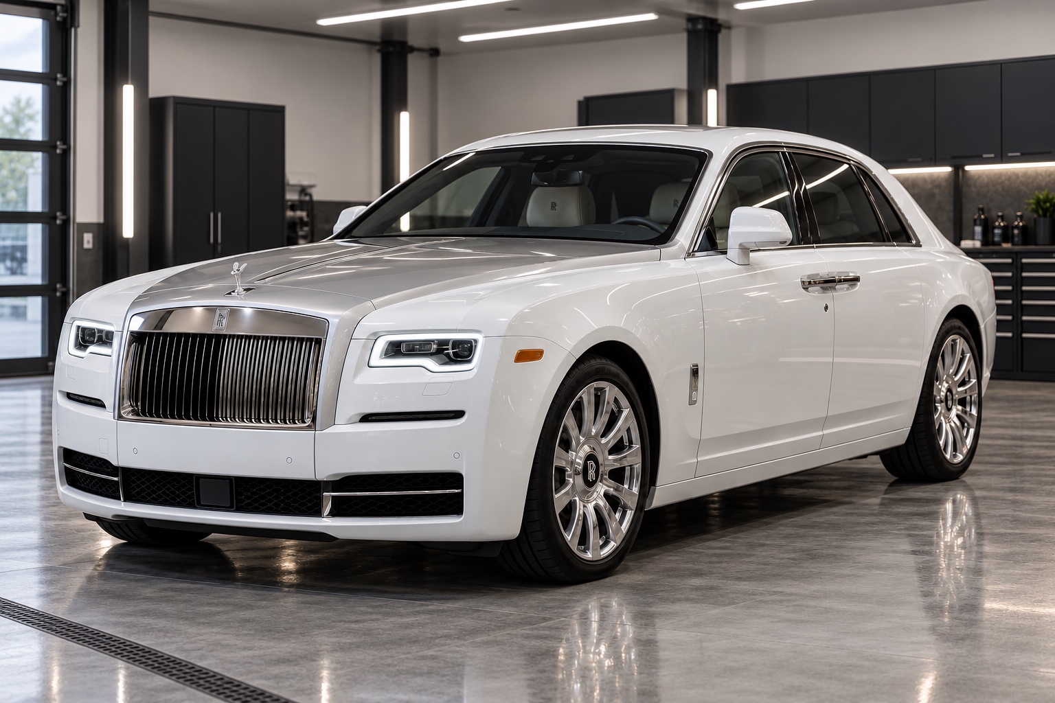 Illustrative image of a white Rolls-Royce Ghost sedan in a modern detailing shop.